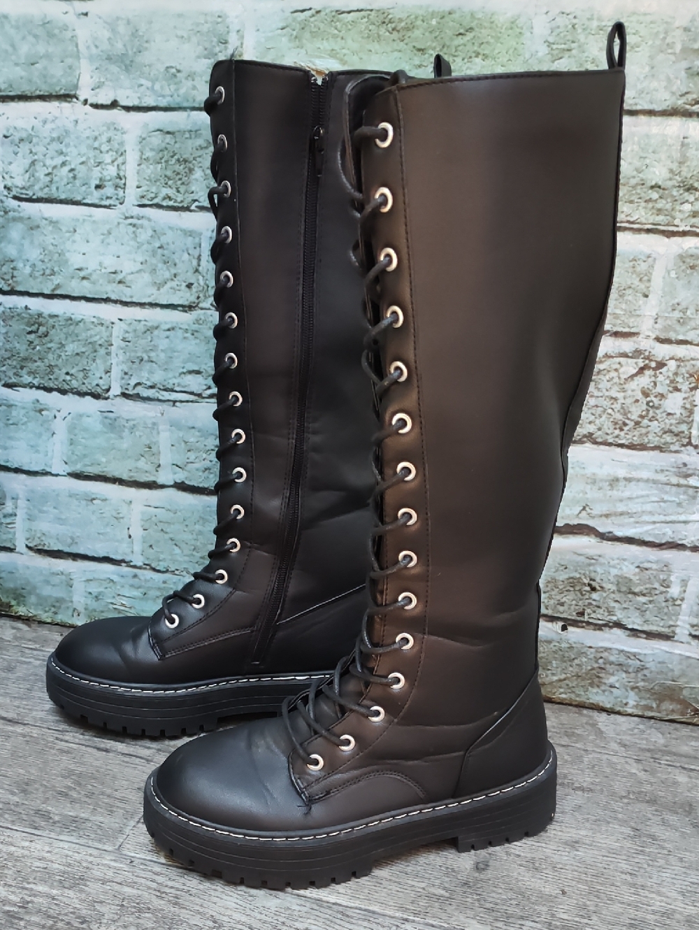 Sugar Lethal Tall Black Lace Up Combat Boots, 8m - Picture 4 of 8